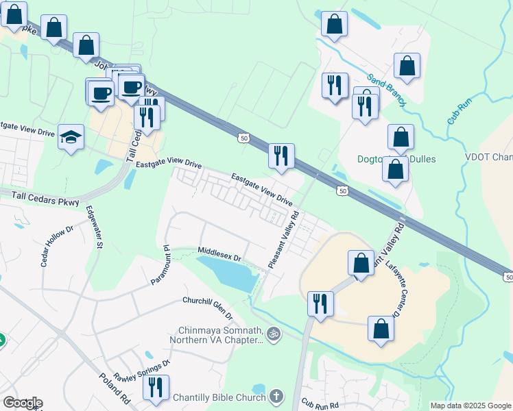 map of restaurants, bars, coffee shops, grocery stores, and more near 44033 Etna Terrace in Chantilly