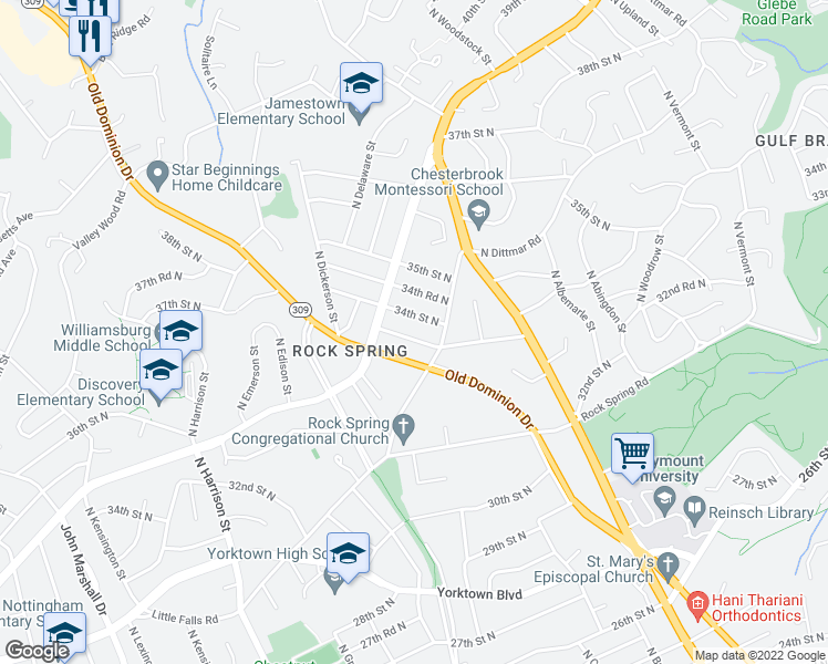 map of restaurants, bars, coffee shops, grocery stores, and more near 4919 33rd Road North in Arlington