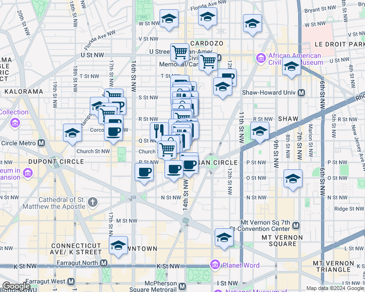 map of restaurants, bars, coffee shops, grocery stores, and more near 1530 14th Street Northwest in Washington
