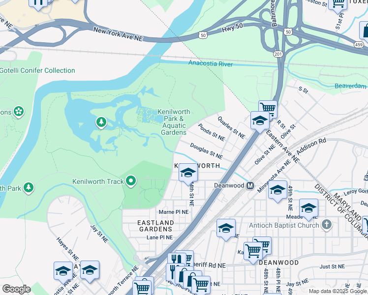 map of restaurants, bars, coffee shops, grocery stores, and more near 4333 Douglas Street Northeast in Washington