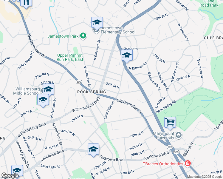 map of restaurants, bars, coffee shops, grocery stores, and more near 4919 33rd Road North in Arlington