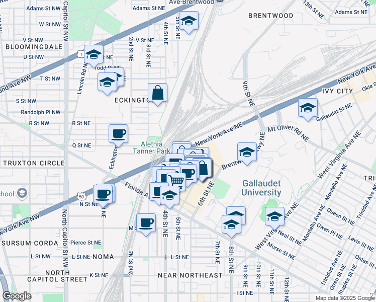 map of restaurants, bars, coffee shops, grocery stores, and more near 801 North Capitol Street Northeast in Washington