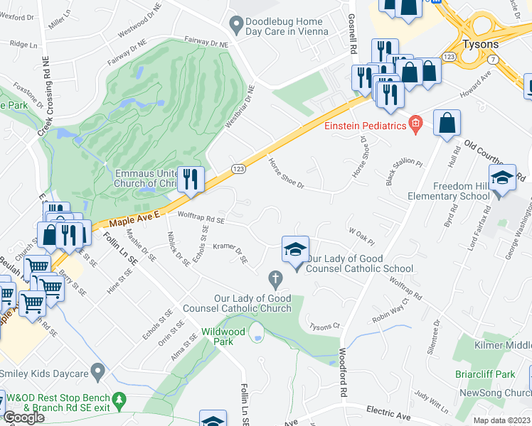 map of restaurants, bars, coffee shops, grocery stores, and more near 2021 Westwood Terrace in Vienna