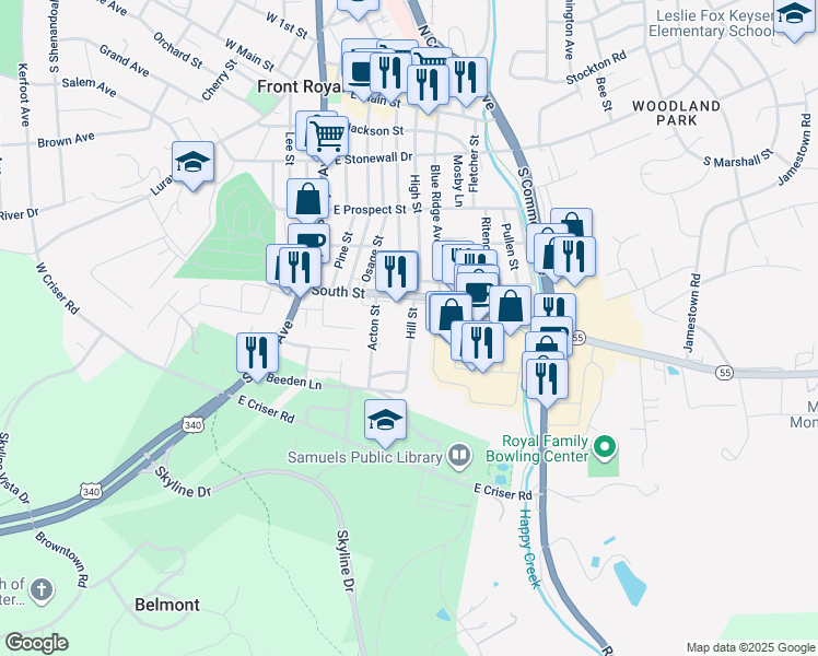 map of restaurants, bars, coffee shops, grocery stores, and more near 425 Hill Street in Front Royal