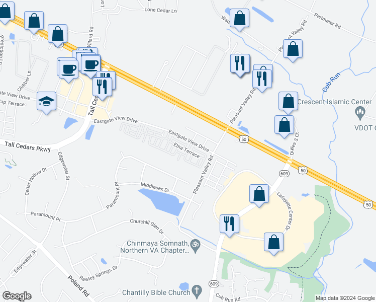 map of restaurants, bars, coffee shops, grocery stores, and more near Etna Terrace in Chantilly