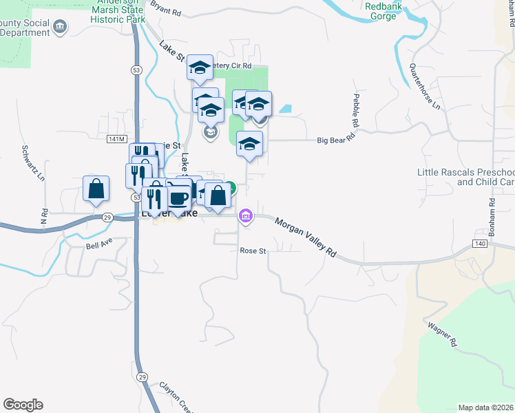 map of restaurants, bars, coffee shops, grocery stores, and more near 16486 Main Street in Lower Lake