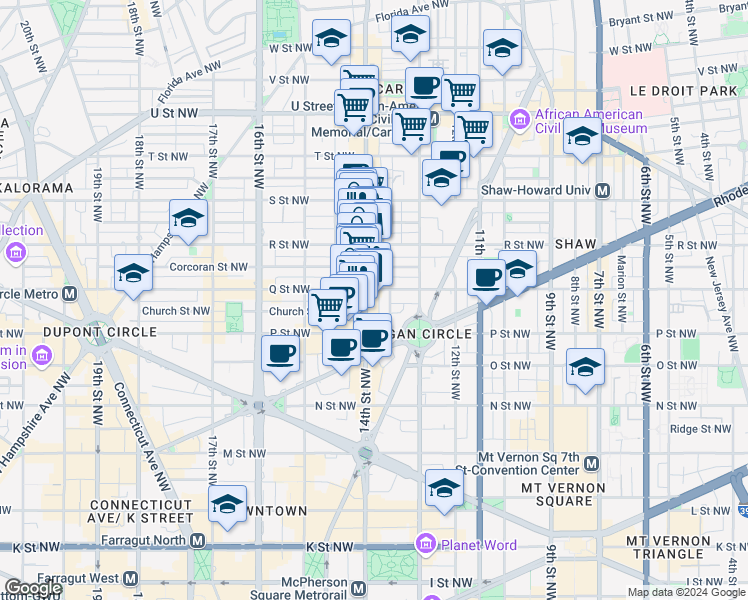 map of restaurants, bars, coffee shops, grocery stores, and more near 1529 14th Street Northwest in Washington