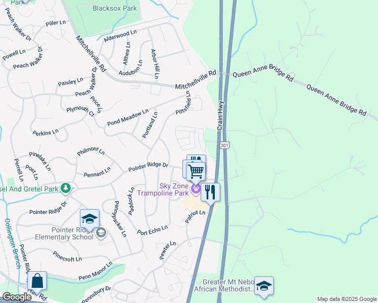 map of restaurants, bars, coffee shops, grocery stores, and more near 16366 Fife Way in Bowie