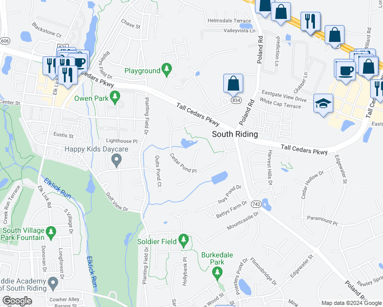 map of restaurants, bars, coffee shops, grocery stores, and more near 25539 Little Cedar Court in Chantilly