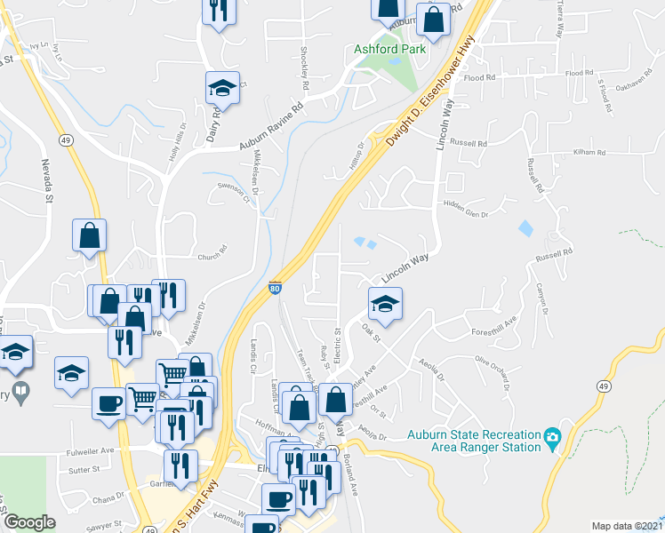 map of restaurants, bars, coffee shops, grocery stores, and more near 207 Electric Street in Auburn