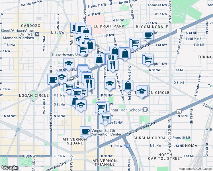 map of restaurants, bars, coffee shops, grocery stores, and more near 1533 5th Street Northwest in Washington