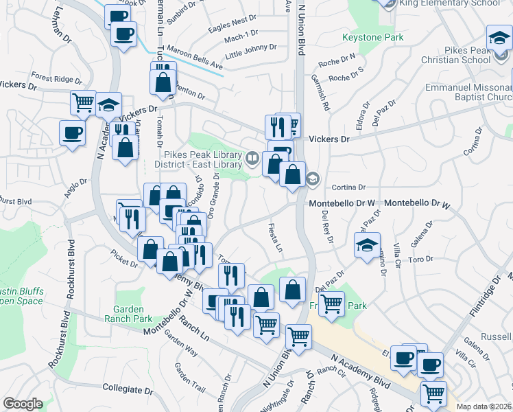 map of restaurants, bars, coffee shops, grocery stores, and more near 5512 Fiesta Lane in Colorado Springs