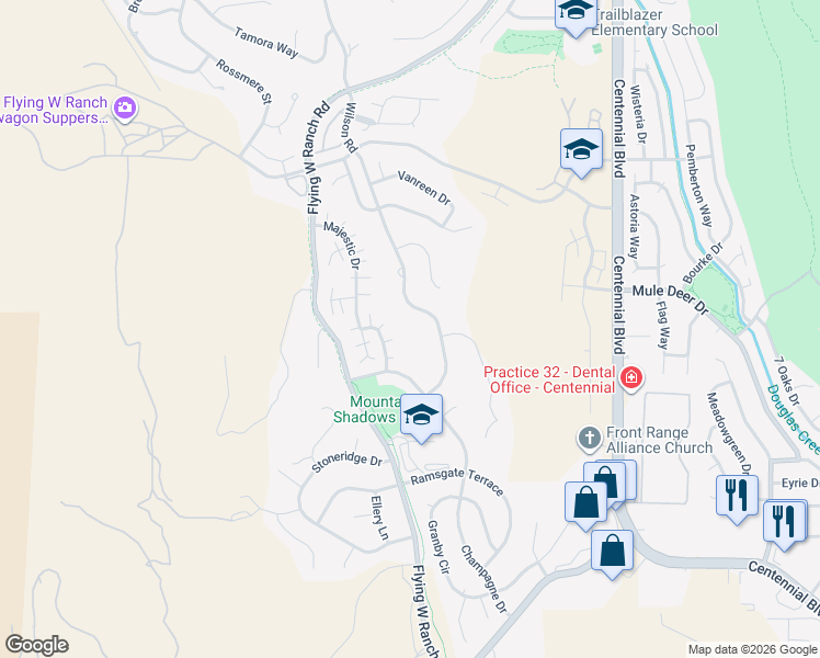 map of restaurants, bars, coffee shops, grocery stores, and more near 5525 Wilson Road in Colorado Springs
