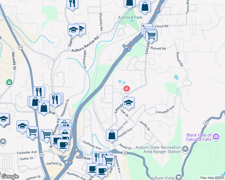 map of restaurants, bars, coffee shops, grocery stores, and more near 130 Sunset Drive in Auburn