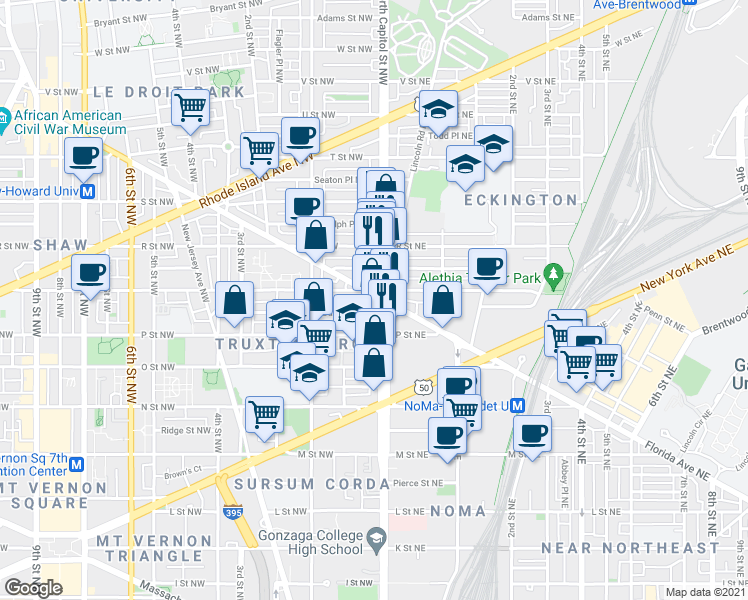 map of restaurants, bars, coffee shops, grocery stores, and more near 101 Independence Avenue Southeast in Washington