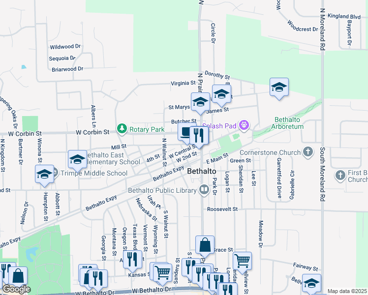 map of restaurants, bars, coffee shops, grocery stores, and more near 124 Mill Street in Bethalto