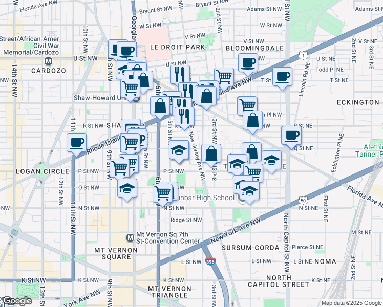 map of restaurants, bars, coffee shops, grocery stores, and more near 1542 New Jersey Avenue Northwest in Washington