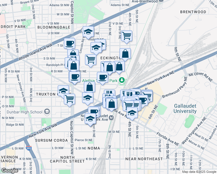 map of restaurants, bars, coffee shops, grocery stores, and more near 151 Q Street Northeast in Washington