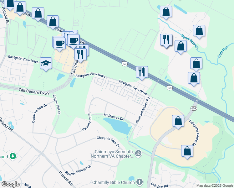 map of restaurants, bars, coffee shops, grocery stores, and more near 44003 Vaira Terrace in Chantilly