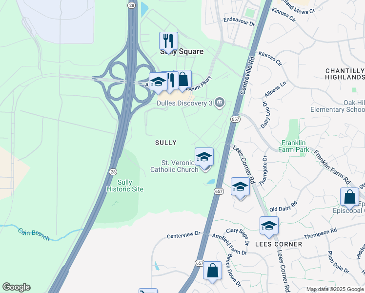 map of restaurants, bars, coffee shops, grocery stores, and more near 3407 Historic Sully Way in Chantilly