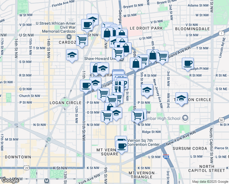 map of restaurants, bars, coffee shops, grocery stores, and more near 1539 8th Street Northwest in Washington