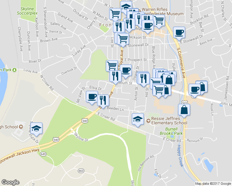 map of restaurants, bars, coffee shops, grocery stores, and more near 515 Proctor Lane in Front Royal