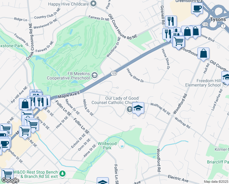 map of restaurants, bars, coffee shops, grocery stores, and more near 8652 White Beech Way in Vienna