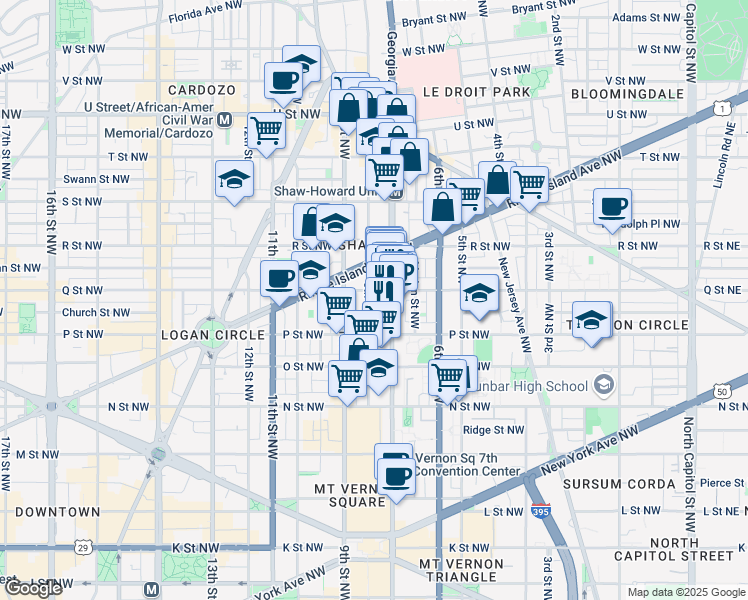 map of restaurants, bars, coffee shops, grocery stores, and more near 1539 8th Street Northwest in Washington