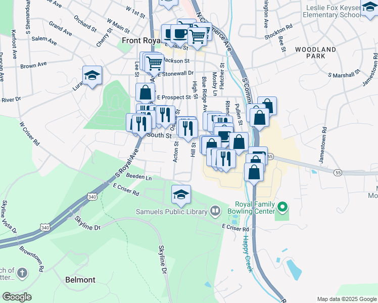 map of restaurants, bars, coffee shops, grocery stores, and more near 425 Hill Street in Front Royal