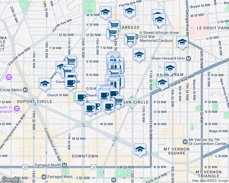 map of restaurants, bars, coffee shops, grocery stores, and more near 1530 14th Street Northwest in Washington