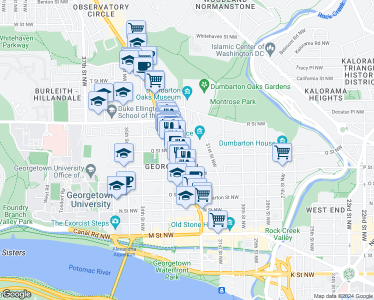 map of restaurants, bars, coffee shops, grocery stores, and more near 1610 32nd Street Northwest in Washington
