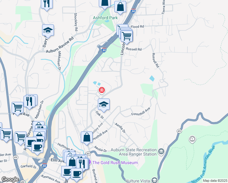 map of restaurants, bars, coffee shops, grocery stores, and more near 117 Lincoln Way in Auburn