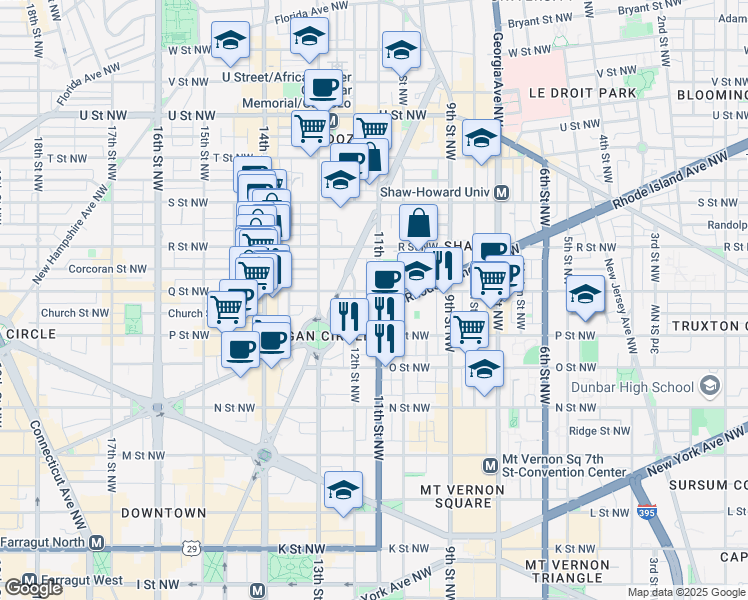 map of restaurants, bars, coffee shops, grocery stores, and more near 1550 11th Street Northwest in Washington