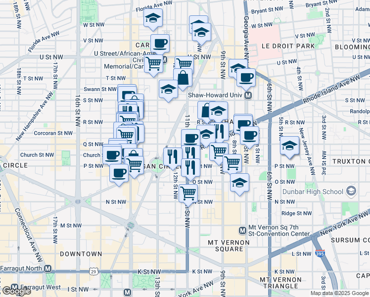 map of restaurants, bars, coffee shops, grocery stores, and more near 1550 11th Street Northwest in Washington