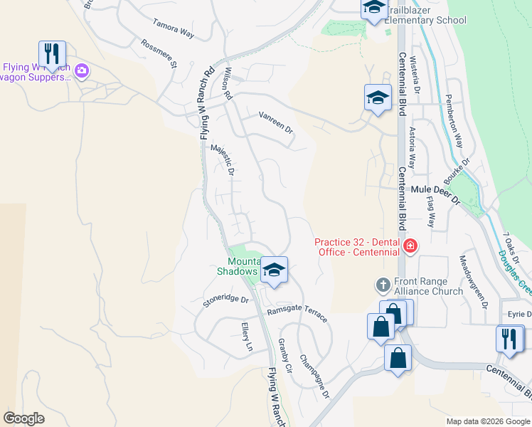 map of restaurants, bars, coffee shops, grocery stores, and more near 5525 Wilson Road in Colorado Springs