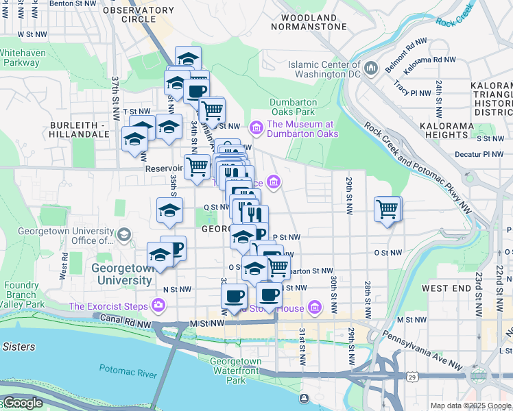 map of restaurants, bars, coffee shops, grocery stores, and more near 1610 32nd Street Northwest in Washington