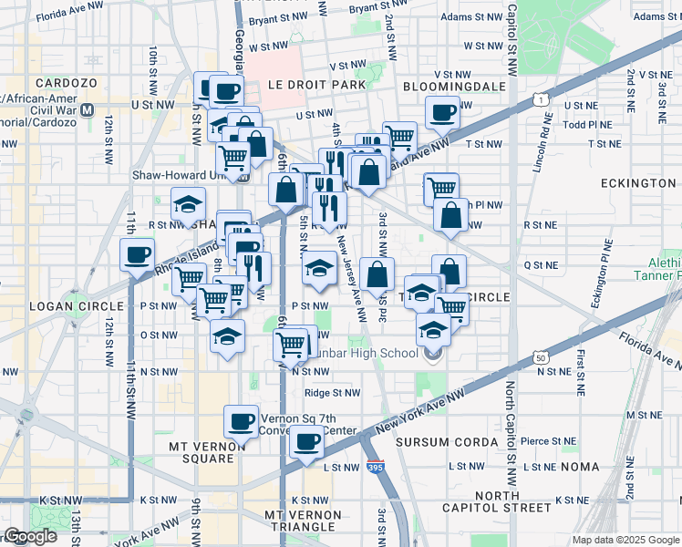 map of restaurants, bars, coffee shops, grocery stores, and more near 1544 New Jersey Avenue Northwest in Washington