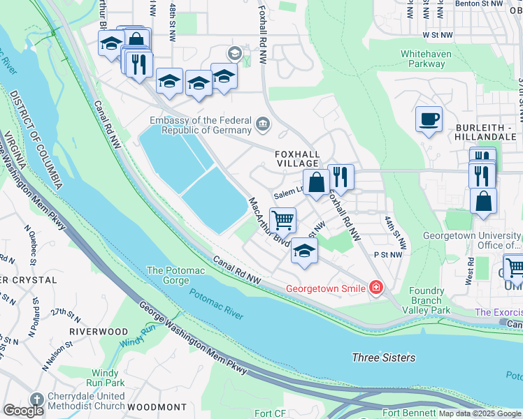 map of restaurants, bars, coffee shops, grocery stores, and more near 4597 MacArthur Boulevard Northwest in Washington