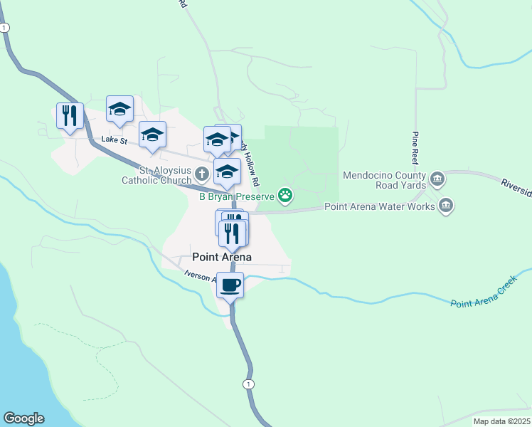 map of restaurants, bars, coffee shops, grocery stores, and more near 41697 Riverside Drive in Point Arena