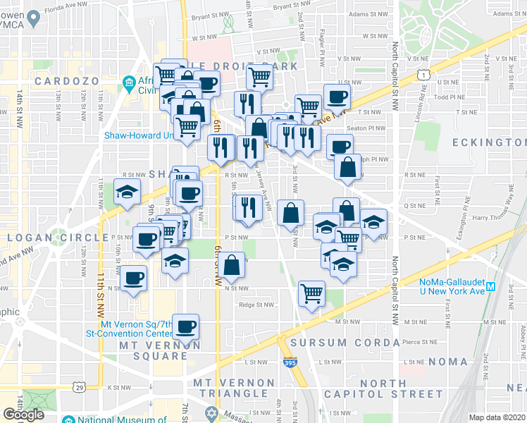 map of restaurants, bars, coffee shops, grocery stores, and more near 1544 New Jersey Avenue Northwest in Washington