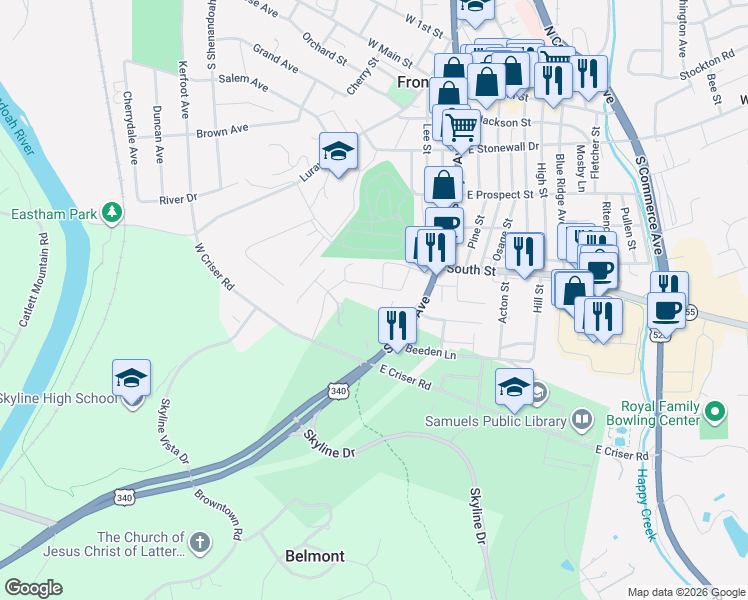 map of restaurants, bars, coffee shops, grocery stores, and more near 540 Lillard Drive in Front Royal