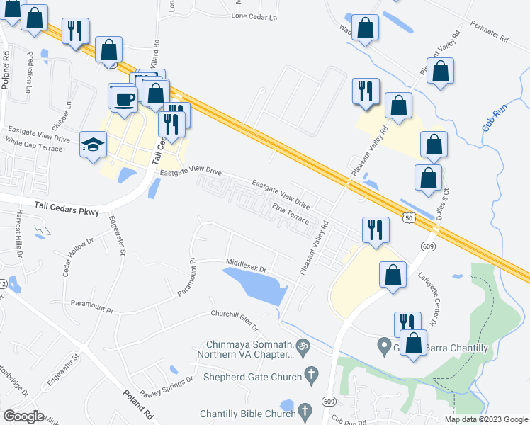 map of restaurants, bars, coffee shops, grocery stores, and more near 44060 Peirosa Terrace in Chantilly