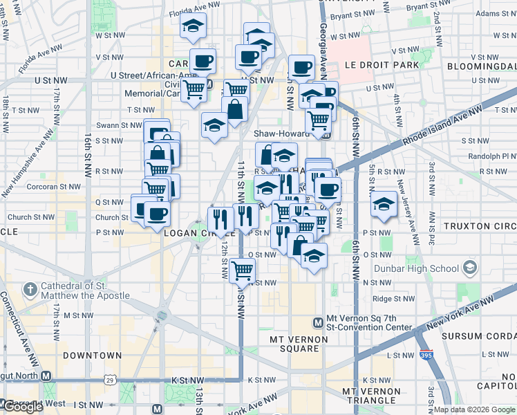 map of restaurants, bars, coffee shops, grocery stores, and more near Rhode Island Avenue Northwest & 10th Street Northwest in Washington