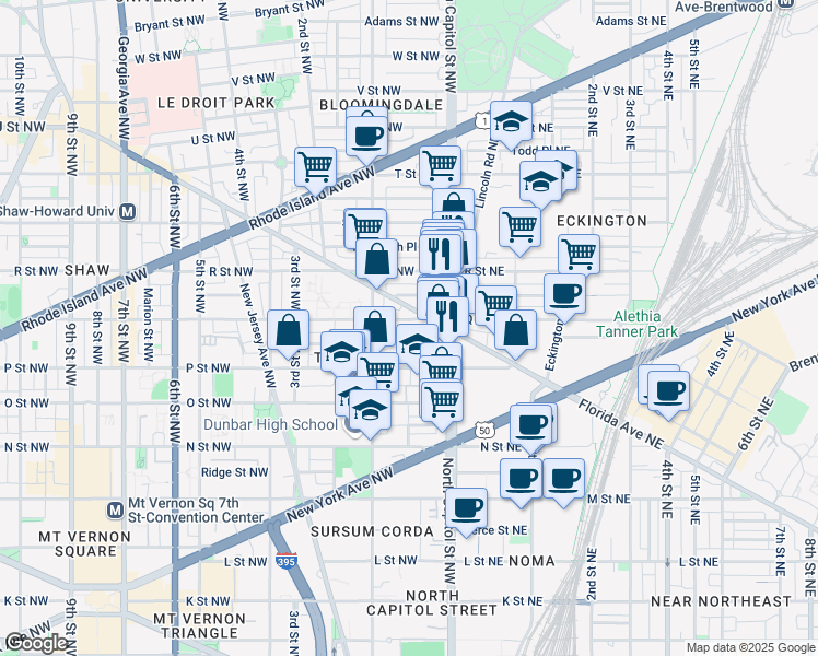 map of restaurants, bars, coffee shops, grocery stores, and more near 32 Q Street Northwest in Washington