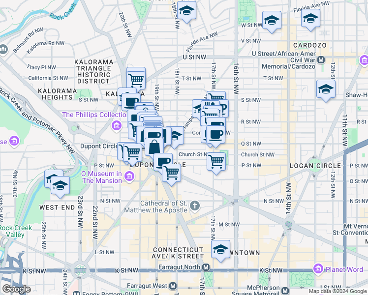 map of restaurants, bars, coffee shops, grocery stores, and more near 1545 18th Street Northwest in Washington