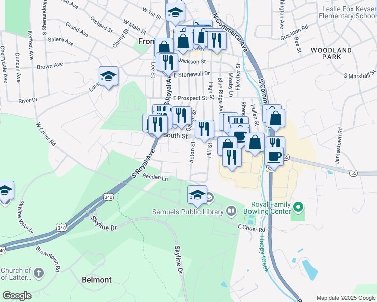 map of restaurants, bars, coffee shops, grocery stores, and more near 201 Acton Street in Front Royal