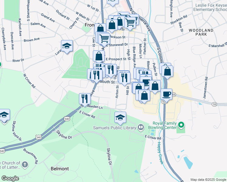 map of restaurants, bars, coffee shops, grocery stores, and more near 201 Acton Street in Front Royal