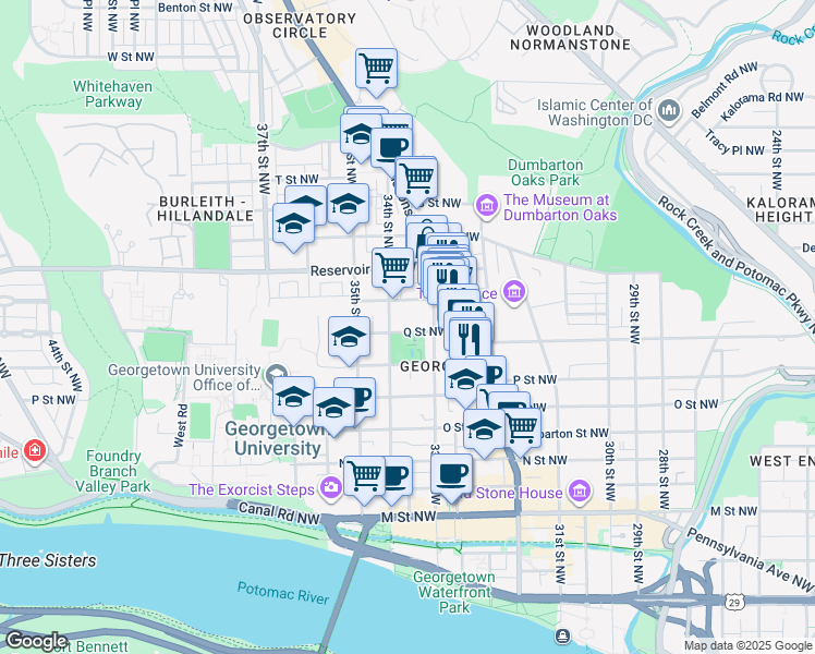 map of restaurants, bars, coffee shops, grocery stores, and more near 3329 Q Street Northwest in Washington