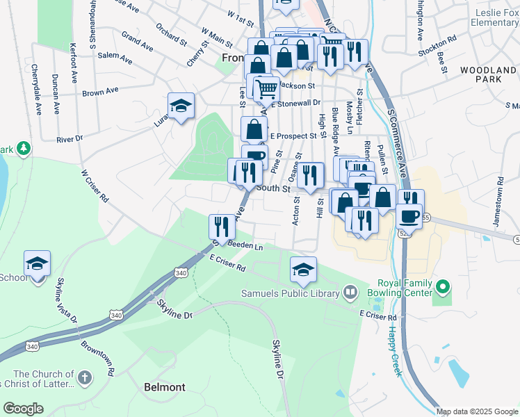 map of restaurants, bars, coffee shops, grocery stores, and more near 514 Carter Street in Front Royal