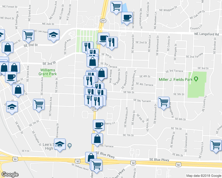 map of restaurants, bars, coffee shops, grocery stores, and more near 912 Southeast 5th Street in Lee's Summit